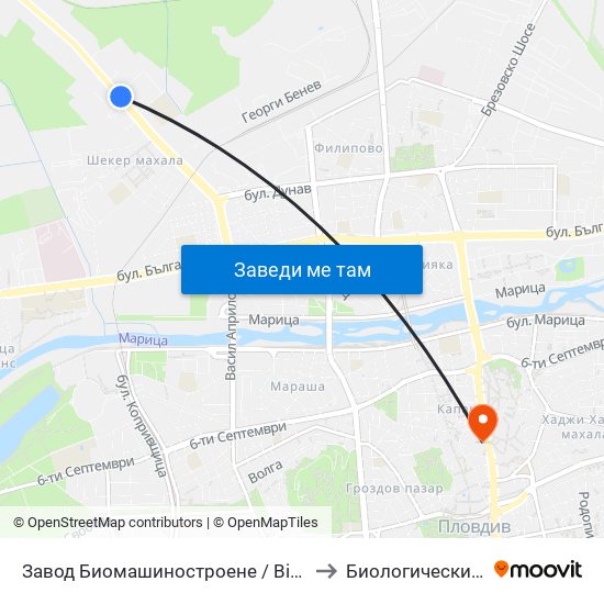 Завод Биомашиностроене / Biomashinostroene Factory (1017) to Биологически Факултет На Пу map
