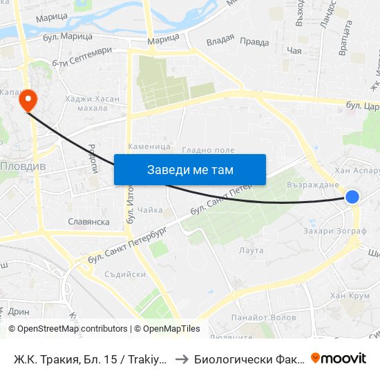 Ж.К. Тракия, Бл. 15 / Trakiya Qr, Bl. 15 (360) to Биологически Факултет На Пу map