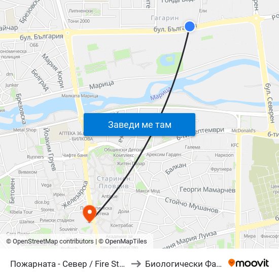 Пожарната - Север / Fire Station - North (184) to Биологически Факултет На Пу map