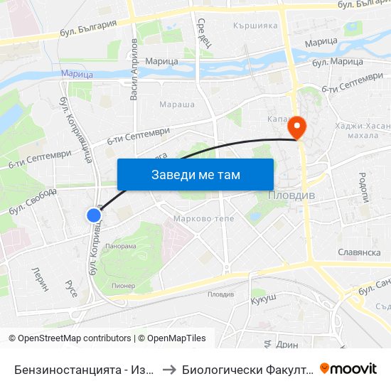 Бензиностанцията - Изток (439) to Биологически Факултет На Пу map