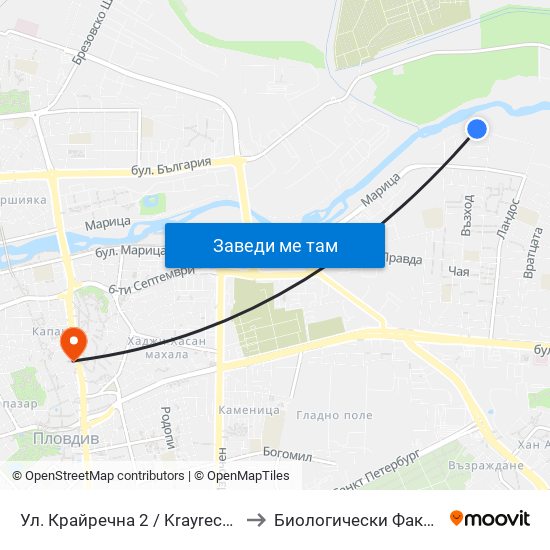 Ул. Крайречна 2 / Krayrechna St. 2 (410) to Биологически Факултет На Пу map