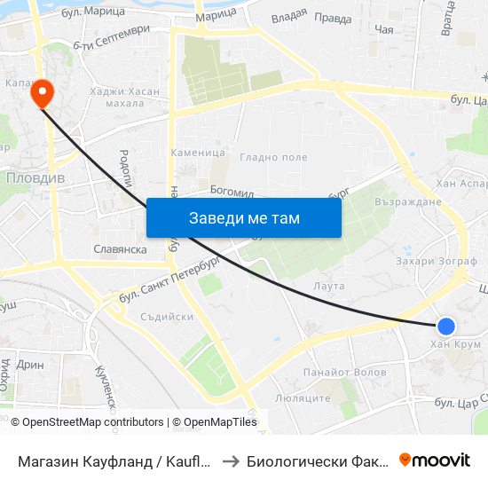 Магазин Кауфланд / Kaufland Store (391) to Биологически Факултет На Пу map
