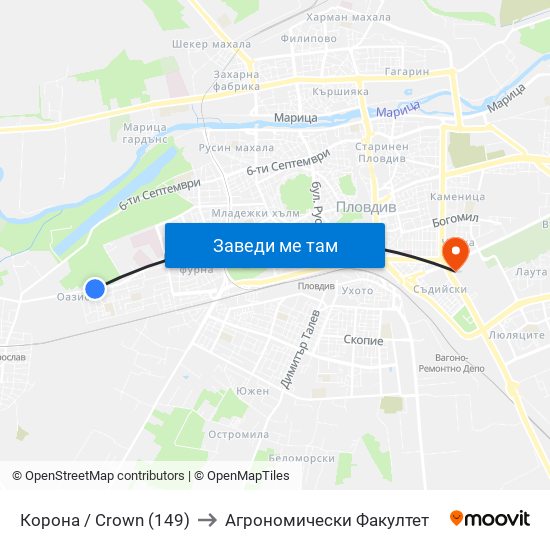 Корона / Crown (149) to Агрономически Факултет map