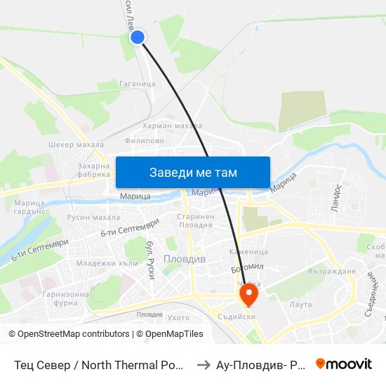 Тец Север / North Thermal Power Plant (55) to Ау-Пловдив- Ректорат map