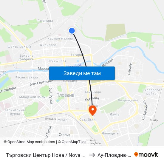 Търговски Център Нова / Nova Shopping Centre (228) to Ау-Пловдив- Ректорат map