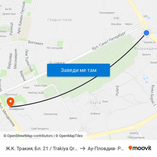 Ж.К. Тракия, Бл. 21 / Trakiya Qr, Bl. 21 (236) to Ау-Пловдив- Ректорат map