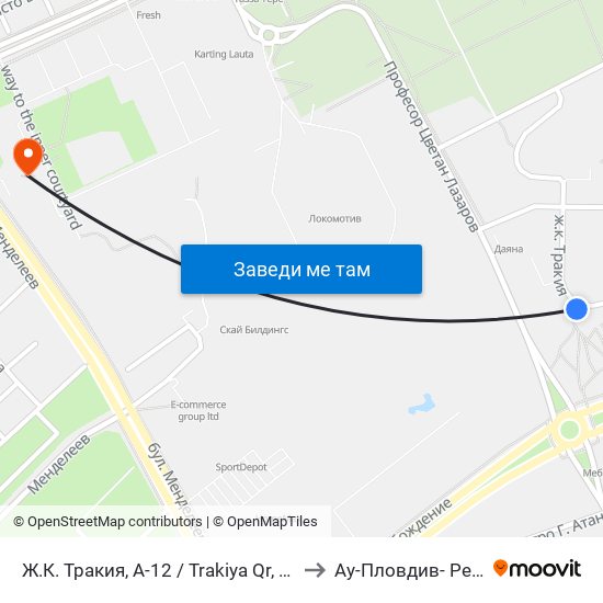 Ж.К. Тракия, А-12 / Trakiya Qr, A-12 (1011) to Ау-Пловдив- Ректорат map