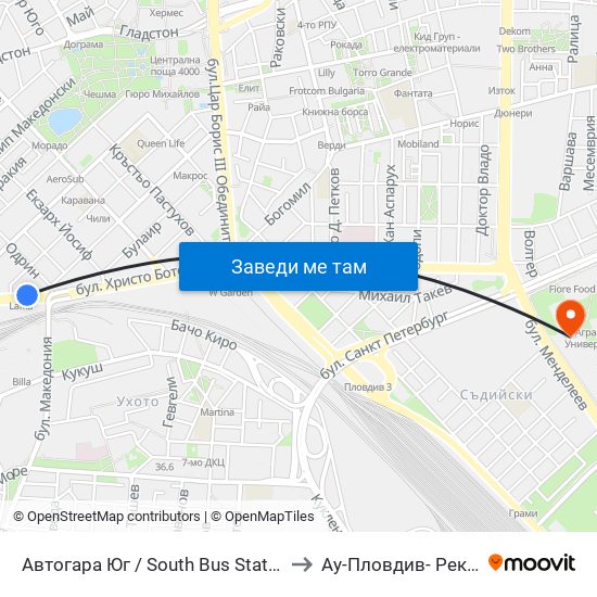 Автогара Юг / South Bus Station (187) to Ау-Пловдив- Ректорат map