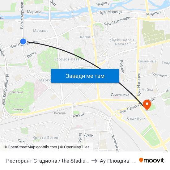 Ресторант Стадиона / the Stadium Restaurant (383) to Ау-Пловдив- Ректорат map