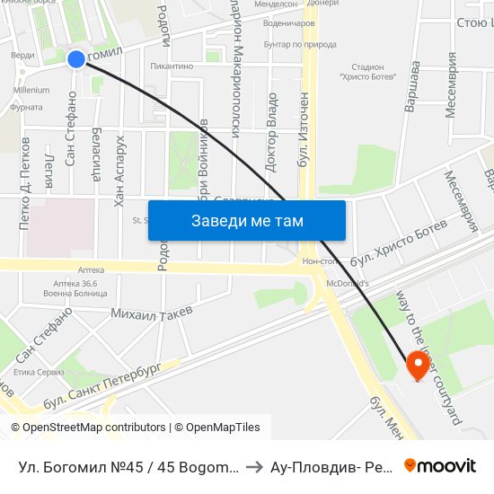 Ул. Богомил №45 / 45 Bogomil St. (222) to Ау-Пловдив- Ректорат map