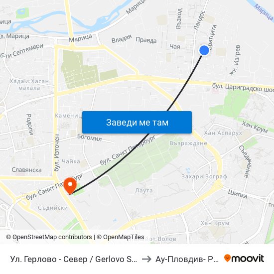 Ул. Герлово - Север / Gerlovo St - North (430) to Ау-Пловдив- Ректорат map