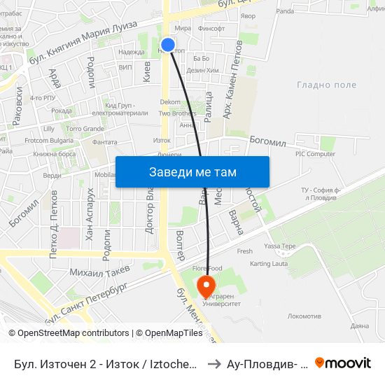 Бул. Източен 2 - Изток / Iztochen Blvd. 2 - East (292) to Ау-Пловдив- Ректорат map