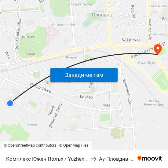 Комплекс Южен Полъх / Yuzhen Polah Complex (35) to Ау-Пловдив- Ректорат map