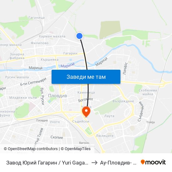 Завод Юрий Гагарин / Yuri Gagarin Factory (1007) to Ау-Пловдив- Ректорат map