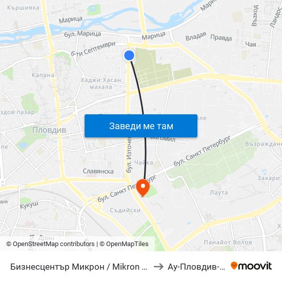 Бизнесцентър Микрон / Mikron Business Centre (353) to Ау-Пловдив- Ректорат map