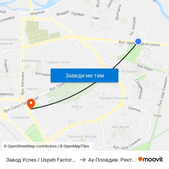 Завод Успех / Uspeh Factory (342) to Ау-Пловдив- Ректорат map