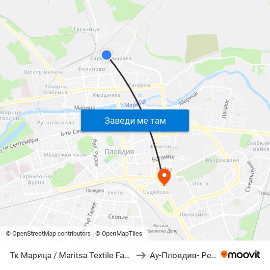 Тк Марица / Maritsa Textile Factory (1005) to Ау-Пловдив- Ректорат map
