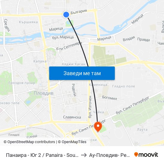 Панаира - Юг 2 / Panaira - South 2 (208) to Ау-Пловдив- Ректорат map