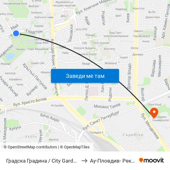 Градска Градина / City Garden (248) to Ау-Пловдив- Ректорат map