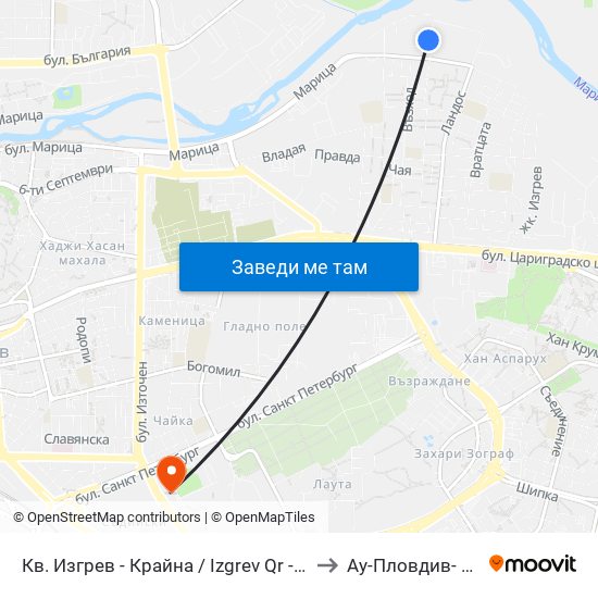 Кв. Изгрев - Крайна / Izgrev Qr - Last Stop (1029) to Ау-Пловдив- Ректорат map