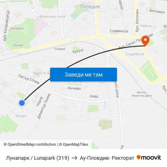 Лунапарк / Lunapark (319) to Ау-Пловдив- Ректорат map