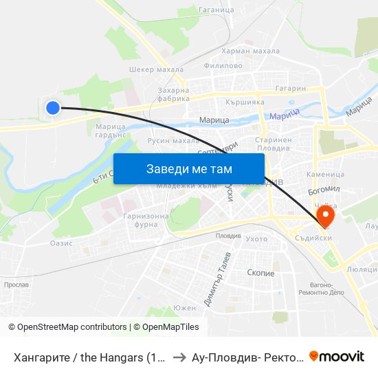 Хангарите / the Hangars (1004) to Ау-Пловдив- Ректорат map