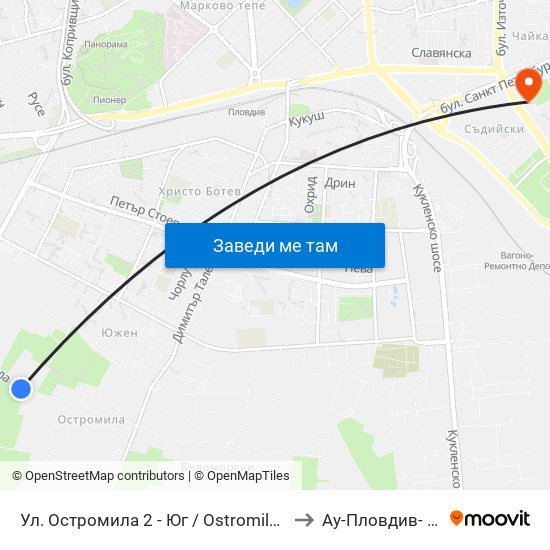 Ул. Остромила 2 - Юг / Ostromila St. 2 - South (476) to Ау-Пловдив- Ректорат map