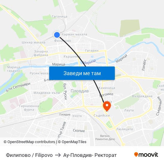 Филипово / Filipovo to Ау-Пловдив- Ректорат map