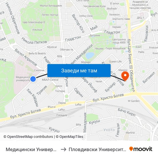 Медицински Университет / Medical University to Пловдивски Университет ""Паисий Хилендарски"" map