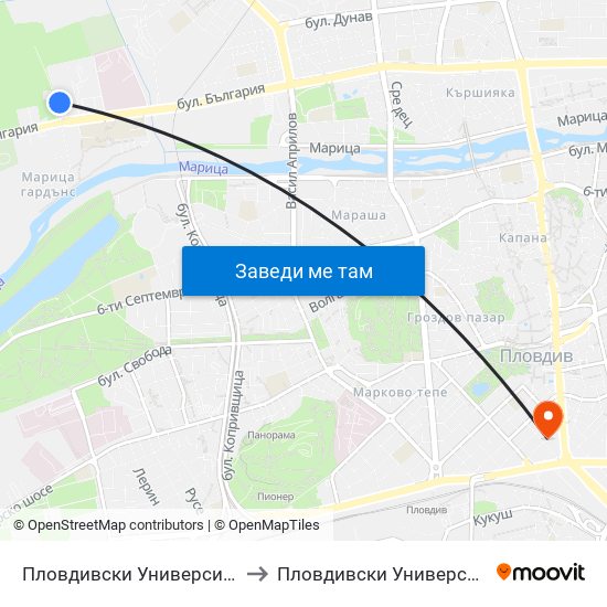 Пловдивски Университет / Plovdiv University (1003) to Пловдивски Университет ""Паисий Хилендарски"" map