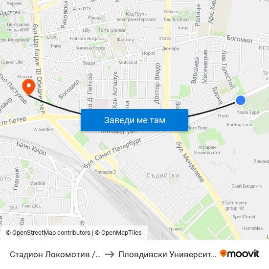 Стадион Локомотив / Lokomotiv Stadium (234) to Пловдивски Университет ""Паисий Хилендарски"" map