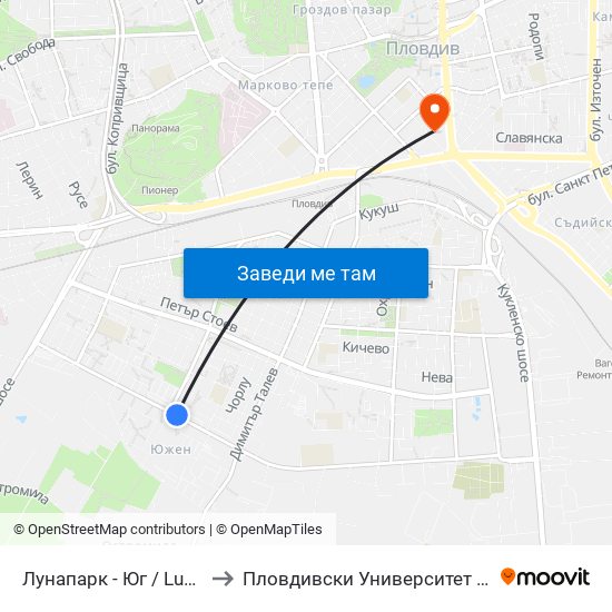 Лунапарк - Юг / Lunapark - South (20) to Пловдивски Университет ""Паисий Хилендарски"" map