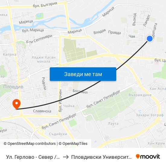 Ул. Герлово - Север / Gerlovo St - North (430) to Пловдивски Университет ""Паисий Хилендарски"" map