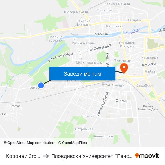 Корона / Crown (149) to Пловдивски Университет ""Паисий Хилендарски"" map