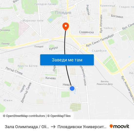 Зала Олимпиада / Olimpiada Sports Hall (62) to Пловдивски Университет ""Паисий Хилендарски"" map