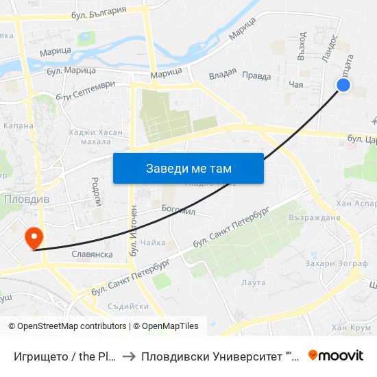 Игрището / the Playground (128) to Пловдивски Университет ""Паисий Хилендарски"" map