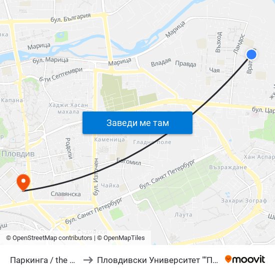 Паркинга / the Parking (159) to Пловдивски Университет ""Паисий Хилендарски"" map