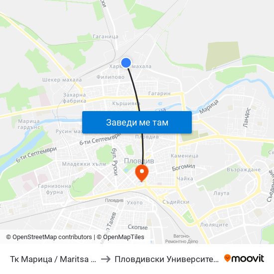 Тк Марица / Maritsa Textile Factory (1005) to Пловдивски Университет ""Паисий Хилендарски"" map