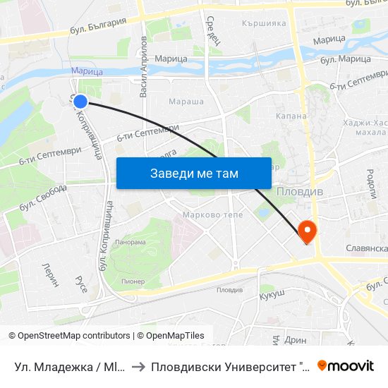 Ул. Младежка / Mladezhka St. (318) to Пловдивски Университет ""Паисий Хилендарски"" map