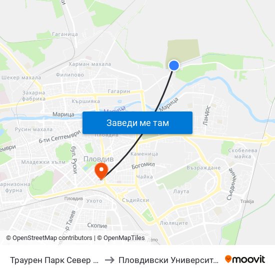 Траурен Парк Север / North Cemetery (1019) to Пловдивски Университет ""Паисий Хилендарски"" map