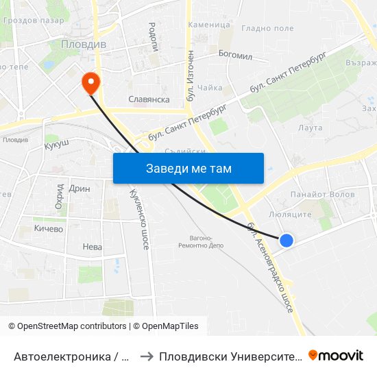 Автоелектроника / Auto Electronics (1028) to Пловдивски Университет ""Паисий Хилендарски"" map