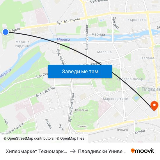 Хипермаркет Техномаркет / Technomarket Hypermarket (336) to Пловдивски Университет ""Паисий Хилендарски"" map
