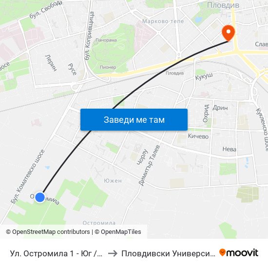 Ул. Остромила 1 - Юг / Ostromila St. 1 - South (475) to Пловдивски Университет ""Паисий Хилендарски"" map