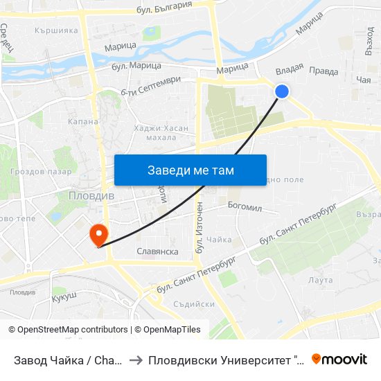Завод Чайка / Chayka Factory (165) to Пловдивски Университет ""Паисий Хилендарски"" map