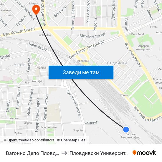 Вагонно Депо Пловдив / Train Depot Plovdiv to Пловдивски Университет ""Паисий Хилендарски"" map