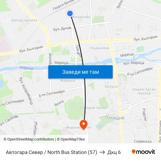 Автогара Север / North Bus Station (57) to Дкц 6 map