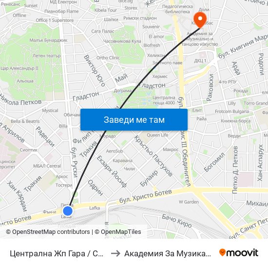 Централна Жп Гара / Central Railway Station (205) to Академия За Музикално И Танцово Изкуство map