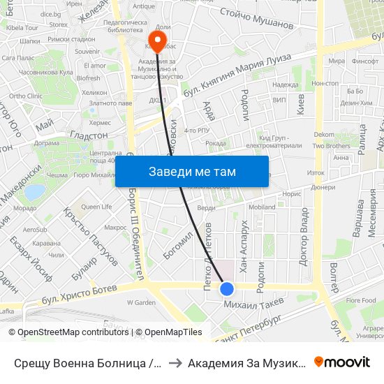 Срещу Военна Болница / Opposite Military Hospital (338) to Академия За Музикално И Танцово Изкуство map