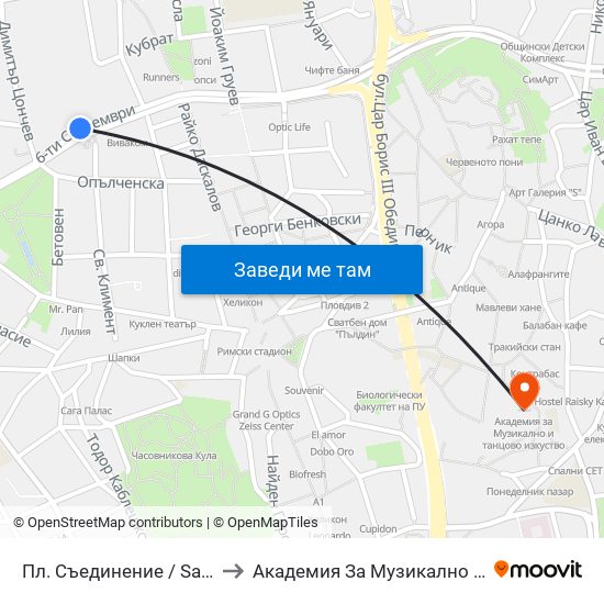 Пл. Съединение / Saedinenie Sq. (141) to Академия За Музикално И Танцово Изкуство map