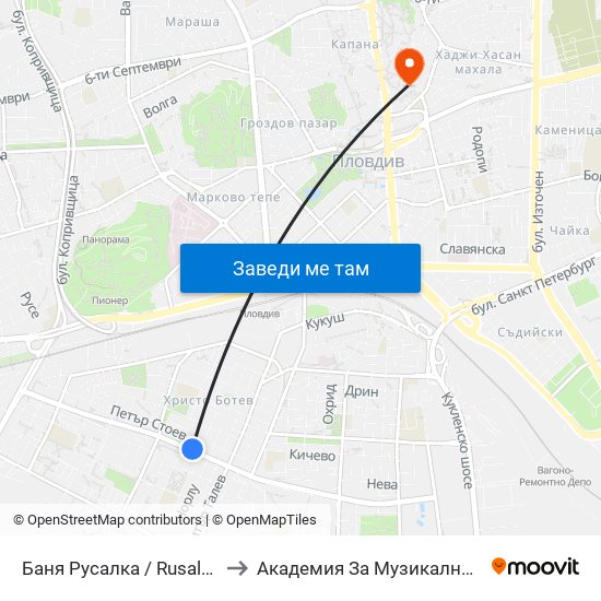 Баня Русалка / Rusalka Public Bath (199) to Академия За Музикално И Танцово Изкуство map